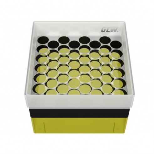 GLW-Box PP yellow/black, 130 x 130 x 95 mm, for 52 tubes 16 mm