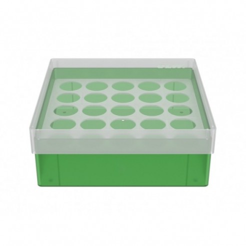 Cryo Box with 5X5 compartments for HPLC vials up to 22.3mm diameter, 130x130x52mm, green