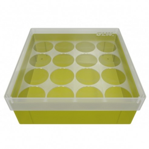 Cryo Box with 4X4 compartments for vials up to 25mm diameter, 130x130x52mm, yellow