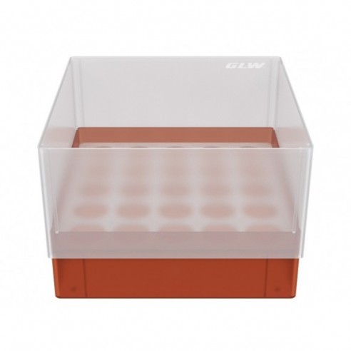 CRYO BOX WITH 5X5 COMPARTMENTS FOR WIDE-NECK BOTTLES UP TO 21.6 MM DIAMETER, RED